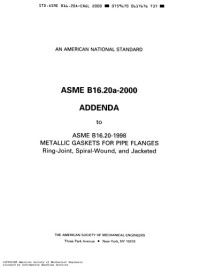 American Society of Mechanical Engineers — ASME B16.20a-2000 Addenda to ASME B16.20-1998: Metallic Gasket For Piping Flange