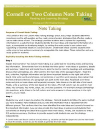  — Cornell or Two Column Note Taking. Reading and Learning Strategy. During and After Reading