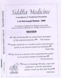 Paul Joseph Thottam — SIDDHA MEDICINE HANDBOOK OF TRADITIONAL REMEDIES