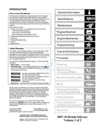  — Honda Odyssey. 2007-10 Factory Service Manual. Volume 1